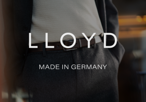 Logo von Lloyd Belts vor einem Bild von einem Mann mit einem Gürtel